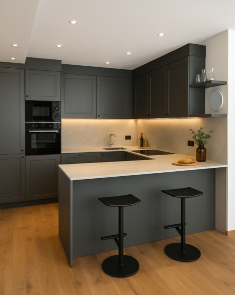 Cucina dal design essenziale, incentrata sulla funzionalità della penisola