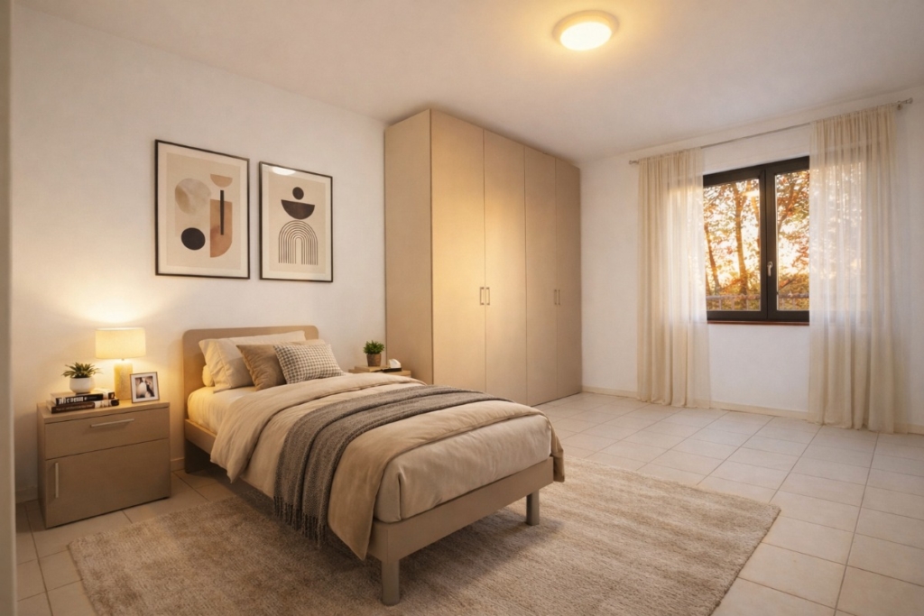 Per le camere singole e matrimoniali sono stati scelti armadi in laminato a quattro ante, completi di cassettiera e ripiani.