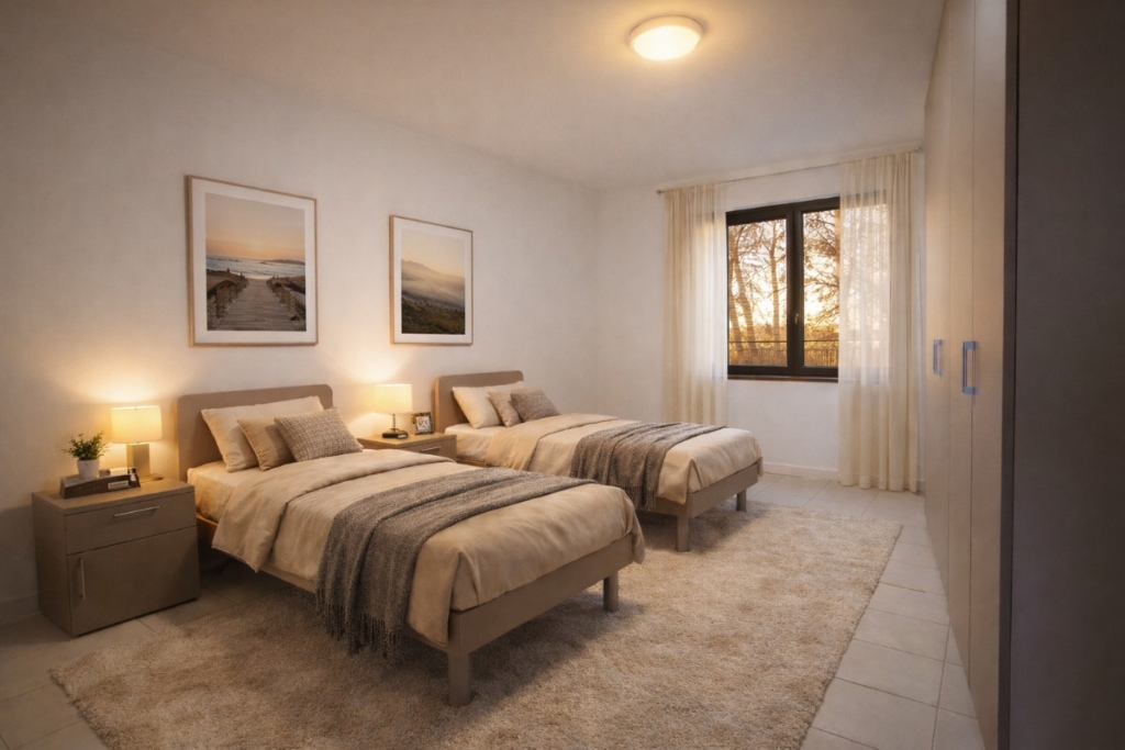 Camere matrimoniali e singole arredate con armadi in laminato a quattro porte, organizzati internamente con ripiani e cassetti.